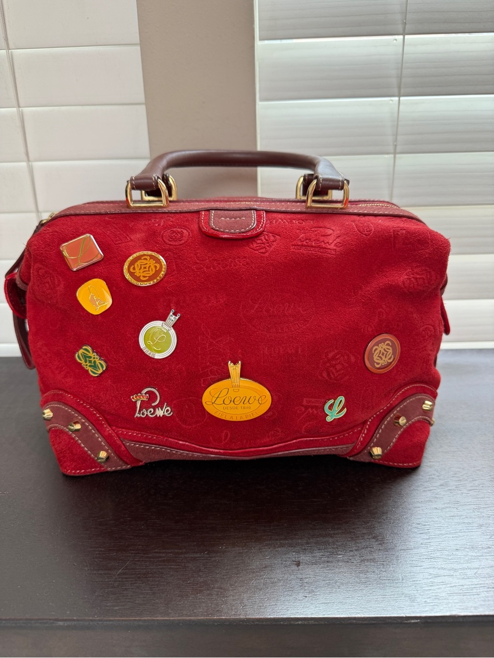 Loewe Red Suede Top-Handle Bag with Badge/ Pins